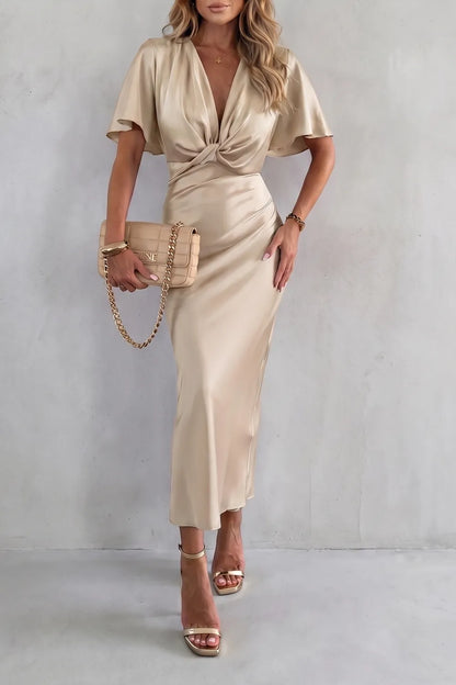 Women’s Elegant Formal Maxi Wedding Guest Dress with V-Neck