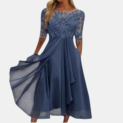 Women's Elegant Formal Midi Wedding Guest Dress with Layered Skirt