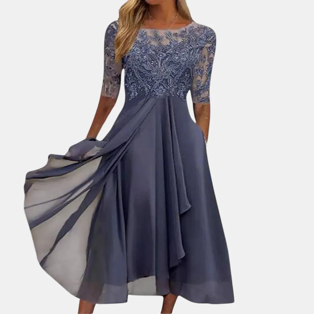 Women's Elegant Formal Midi Wedding Guest Dress with Layered Skirt