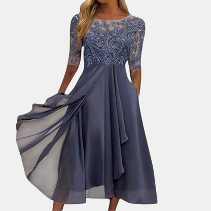 Women's Elegant Formal Midi Wedding Guest Dress with Layered Skirt