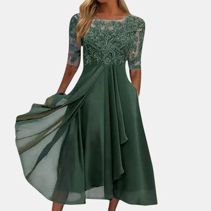 Women's Elegant Formal Midi Wedding Guest Dress with Layered Skirt