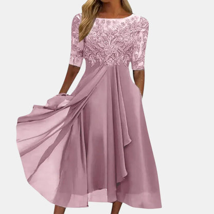 Women's Elegant Formal Midi Wedding Guest Dress with Layered Skirt