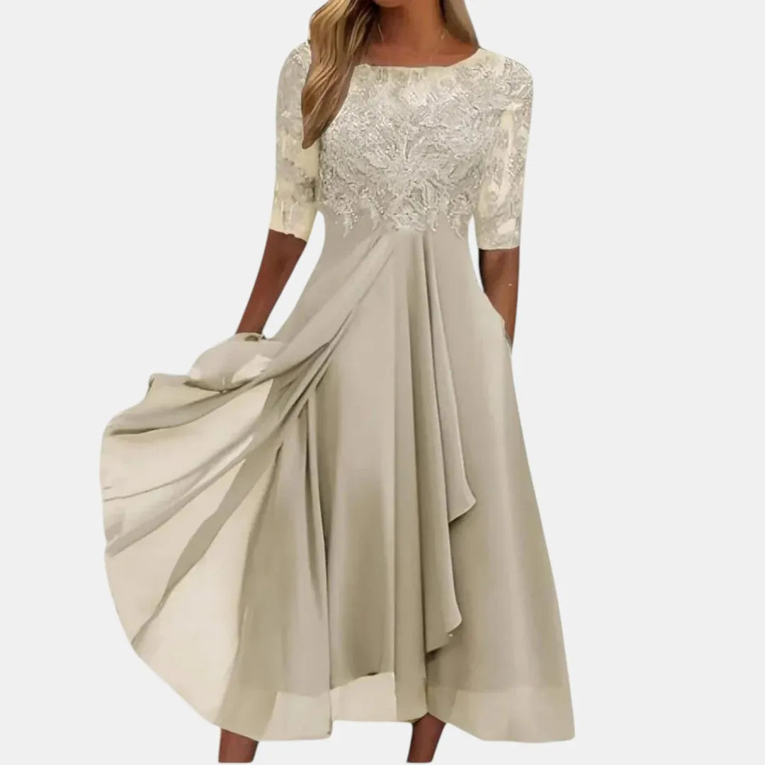 Women's Elegant Formal Midi Wedding Guest Dress with Layered Skirt