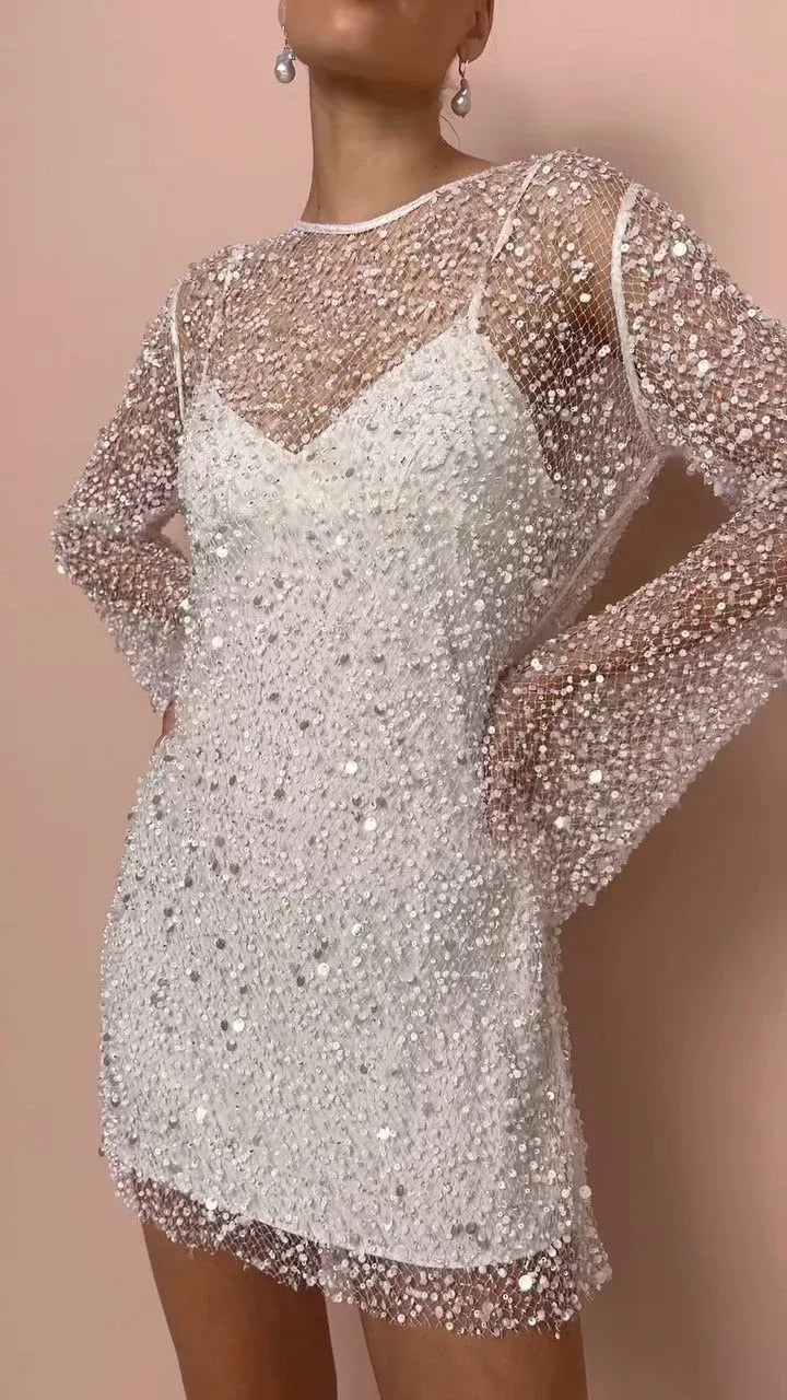 Women’s Elegant Glitter Mini Cocktail Dress with Long Sleeves