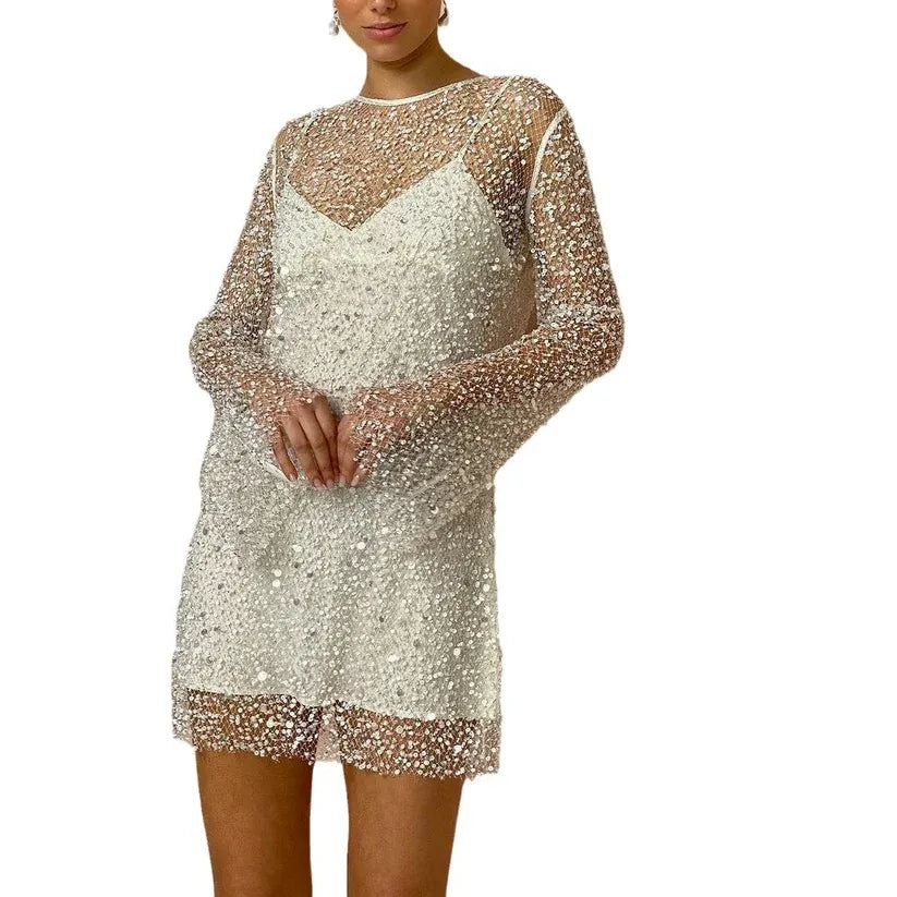 Women’s Elegant Glitter Mini Cocktail Dress with Long Sleeves