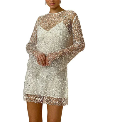 Women’s Elegant Glitter Mini Cocktail Dress with Long Sleeves