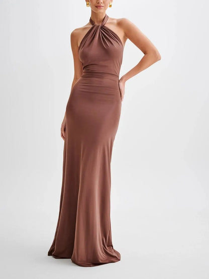 Women's Elegant Halter Neck Maxi Wedding Guest Dress with Low Back