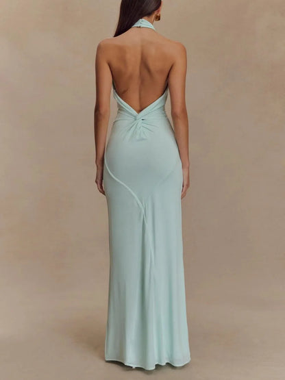 Women's Elegant Halter Neck Maxi Wedding Guest Dress with Low Back