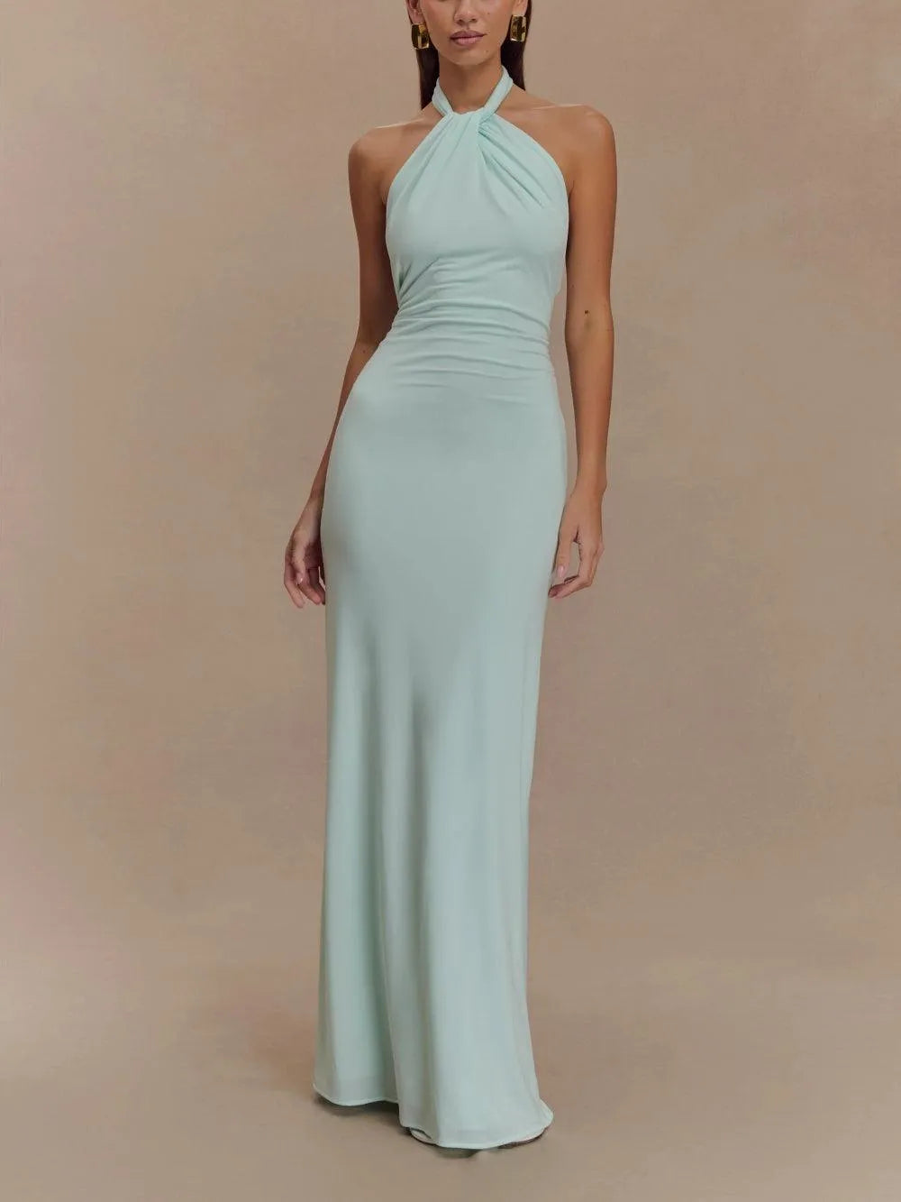Women's Elegant Halter Neck Maxi Wedding Guest Dress with Low Back