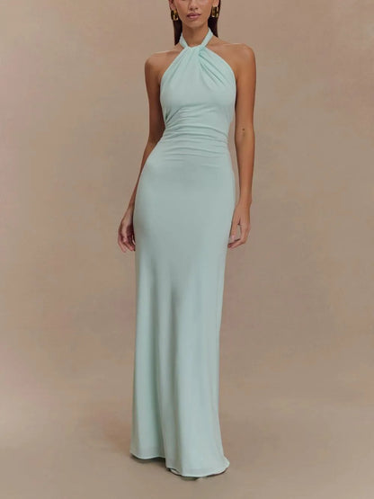 Women's Elegant Halter Neck Maxi Wedding Guest Dress with Low Back