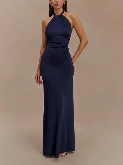 Women's Elegant Halter Neck Maxi Wedding Guest Dress with Low Back