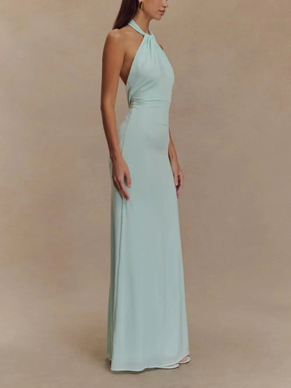 Women's Elegant Halter Neck Maxi Wedding Guest Dress with Low Back