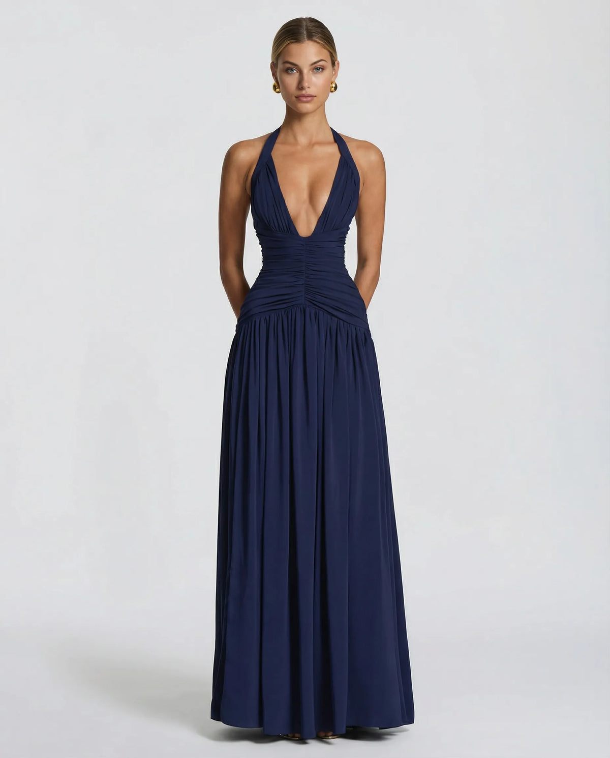 Women's Elegant Halter Neck Maxi Wedding Guest Dress with Slit