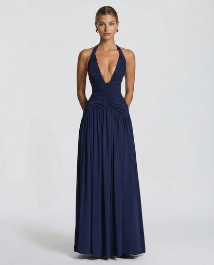 Women's Elegant Halter Neck Maxi Wedding Guest Dress with Slit