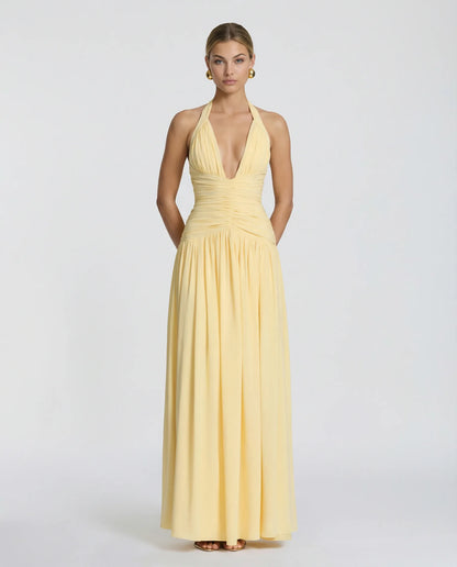 Women's Elegant Halter Neck Maxi Wedding Guest Dress with Slit