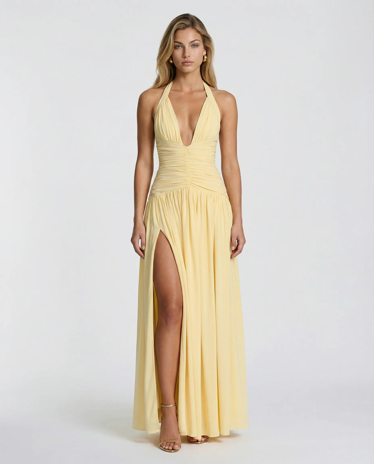 Women's Elegant Halter Neck Maxi Wedding Guest Dress with Slit