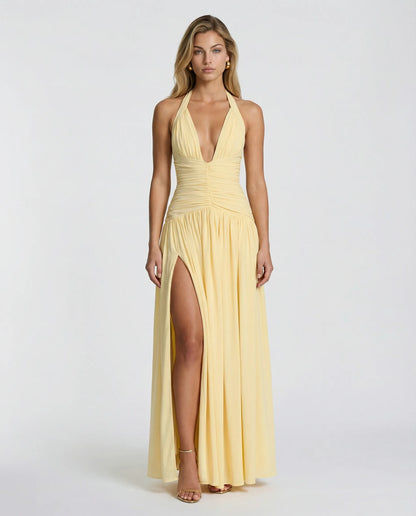 Women's Elegant Halter Neck Maxi Wedding Guest Dress with Slit