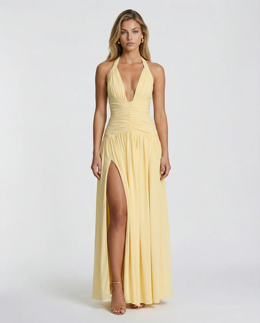 Women's Elegant Halter Neck Maxi Wedding Guest Dress with Slit