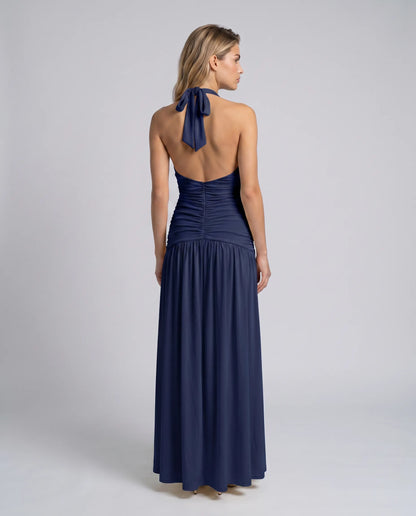 Women's Elegant Halter Neck Maxi Wedding Guest Dress with Slit
