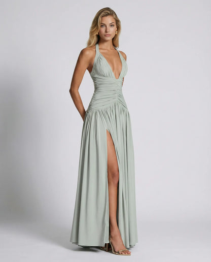 Women's Elegant Halter Neck Maxi Wedding Guest Dress with Slit