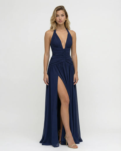 Women's Elegant Halter Neck Maxi Wedding Guest Dress with Slit