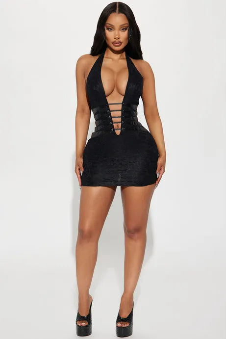 Women's Elegant Halter Neck Mini Cocktail Dress with Cut Out Detail