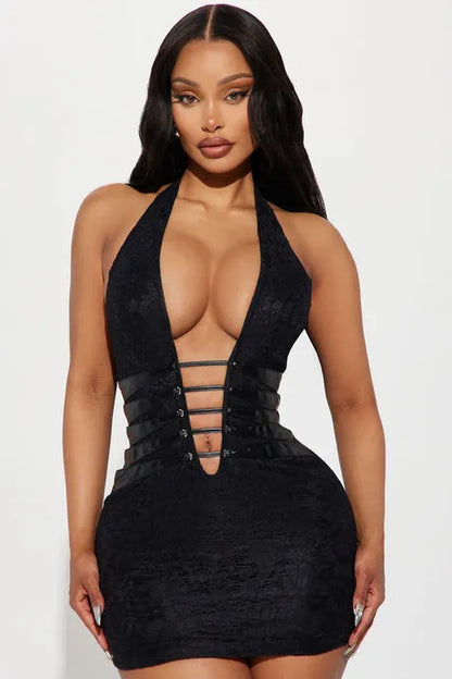 Women's Elegant Halter Neck Mini Cocktail Dress with Cut Out Detail
