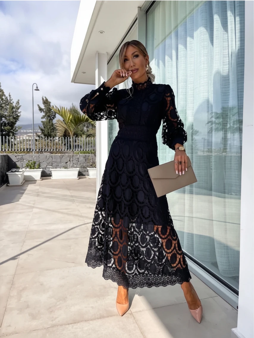 Women's Elegant High Neck Maxi Wedding Guest Dress with Long Sleeve