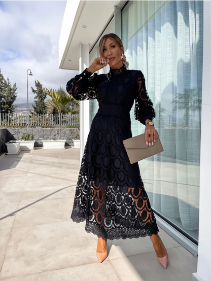 Women's Elegant High Neck Maxi Wedding Guest Dress with Long Sleeve