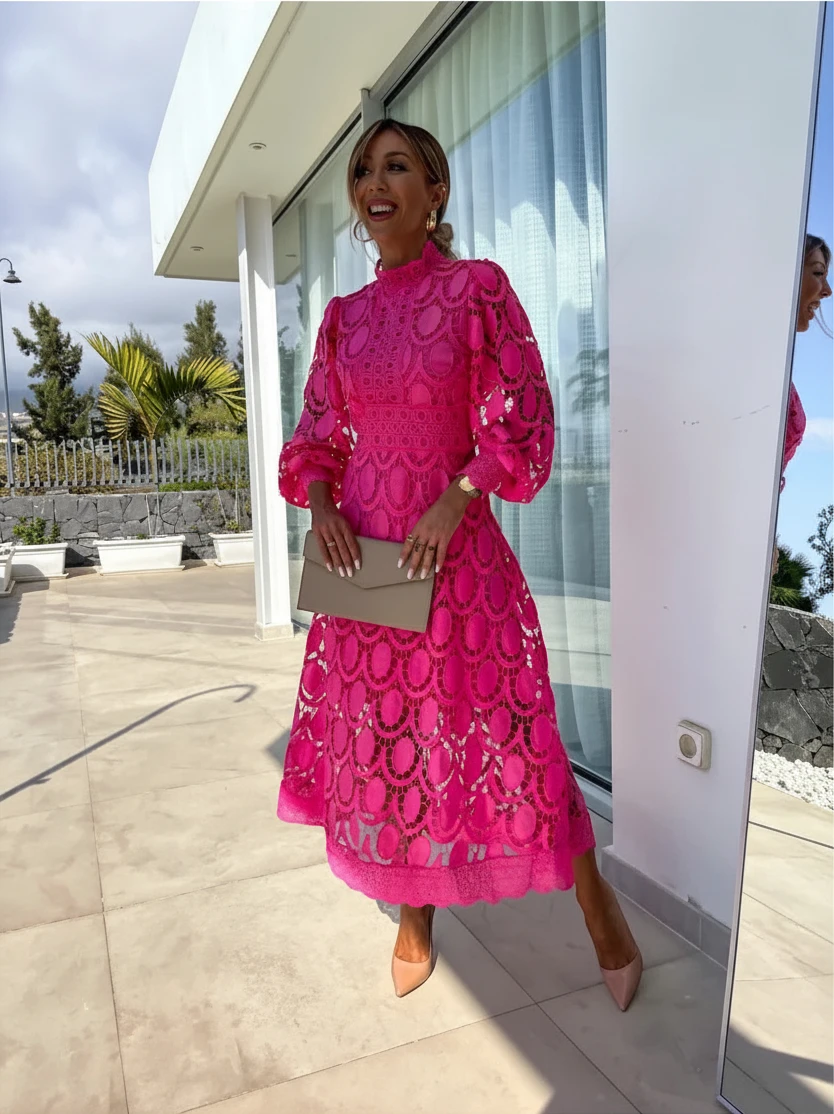 Women's Elegant High Neck Maxi Wedding Guest Dress with Long Sleeve