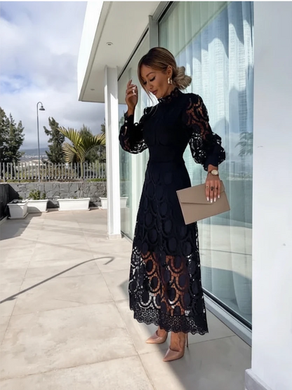 Women's Elegant High Neck Maxi Wedding Guest Dress with Long Sleeve