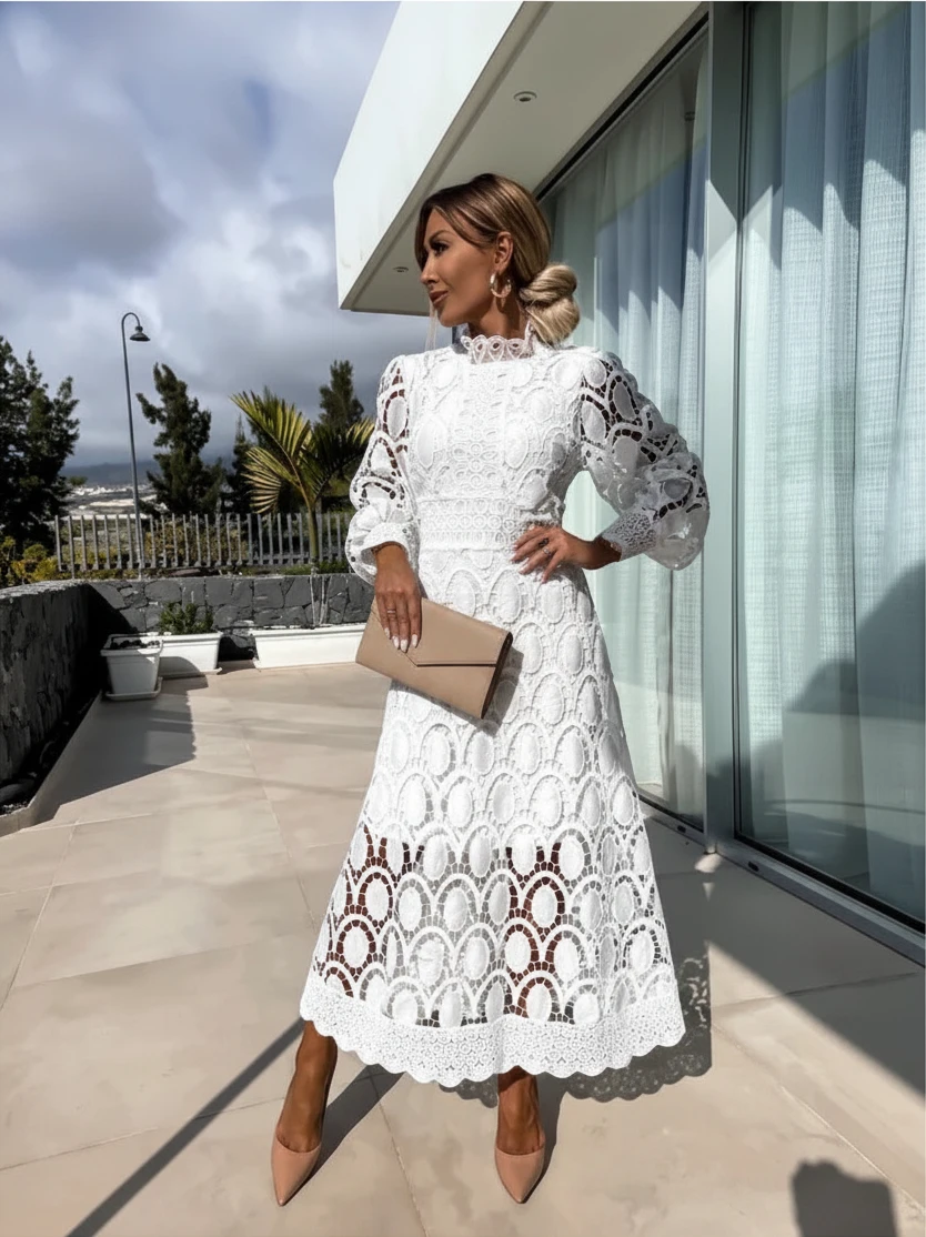 Women's Elegant High Neck Maxi Wedding Guest Dress with Long Sleeve