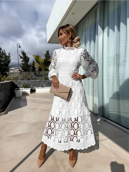 Women's Elegant High Neck Maxi Wedding Guest Dress with Long Sleeve