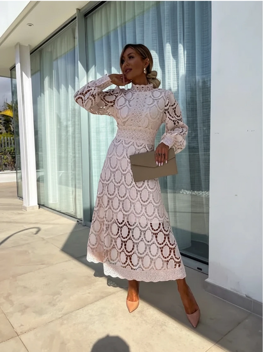 Women's Elegant High Neck Maxi Wedding Guest Dress with Long Sleeve