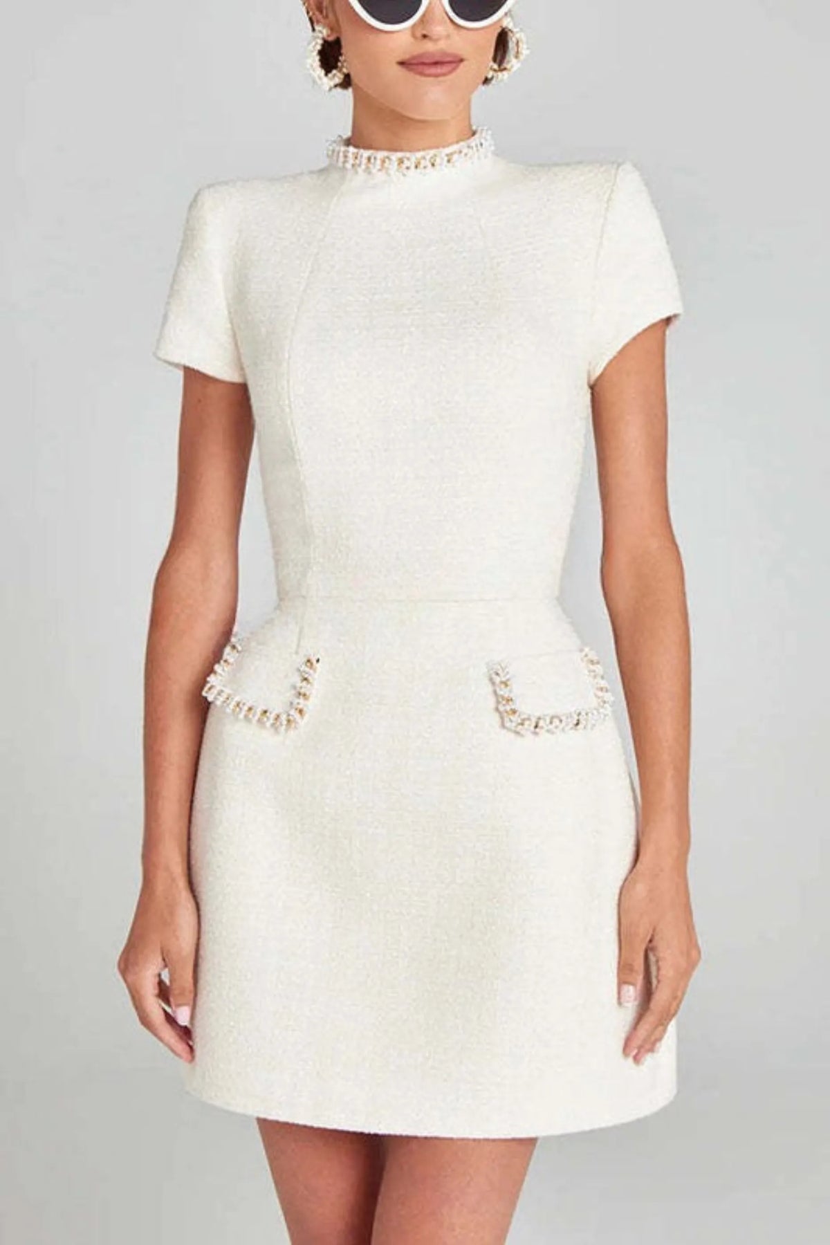 Women's Elegant High Neck Mini Cocktail Dress with Pearl Detailing