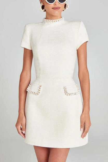 Women's Elegant High Neck Mini Cocktail Dress with Pearl Detailing