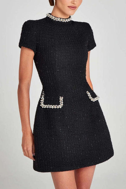 Women's Elegant High Neck Mini Cocktail Dress with Pearl Detailing