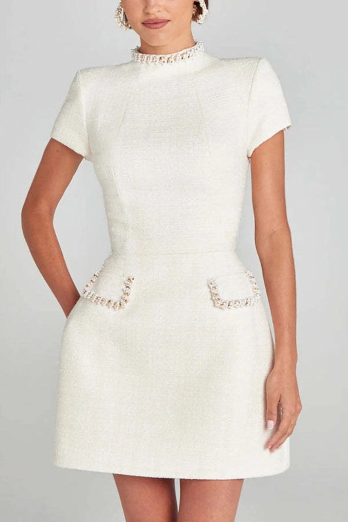 Women's Elegant High Neck Mini Cocktail Dress with Pearl Detailing