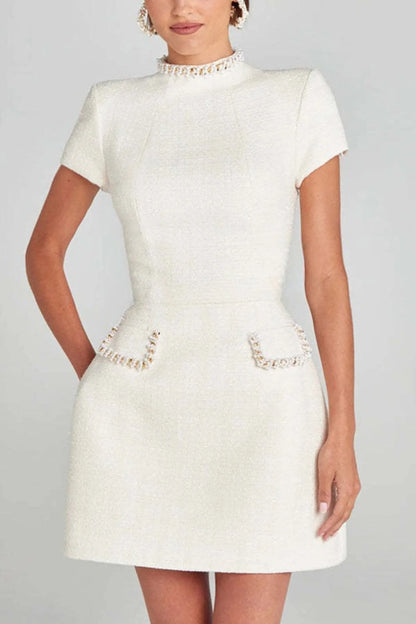 Women's Elegant High Neck Mini Cocktail Dress with Pearl Detailing
