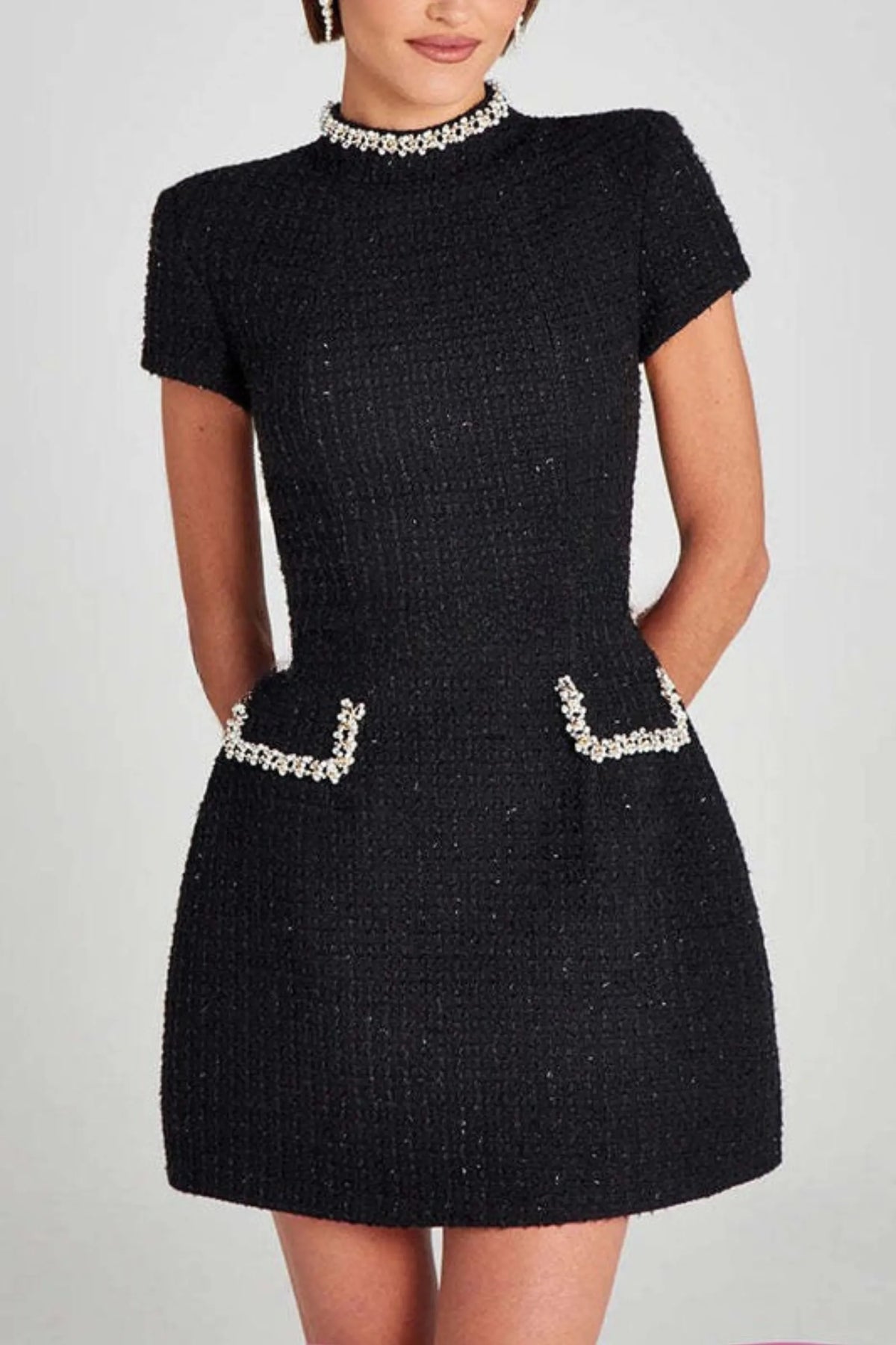 Women's Elegant High Neck Mini Cocktail Dress with Pearl Detailing