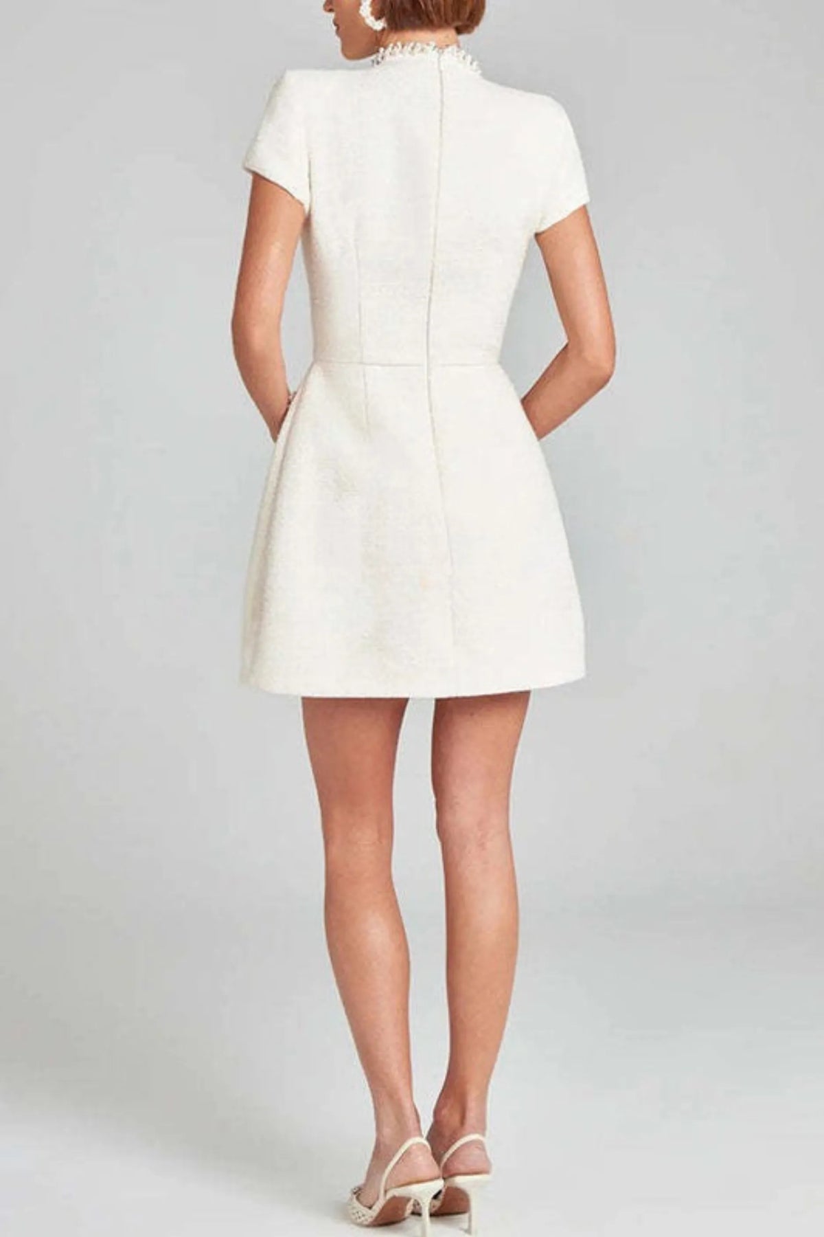 Women's Elegant High Neck Mini Cocktail Dress with Pearl Detailing