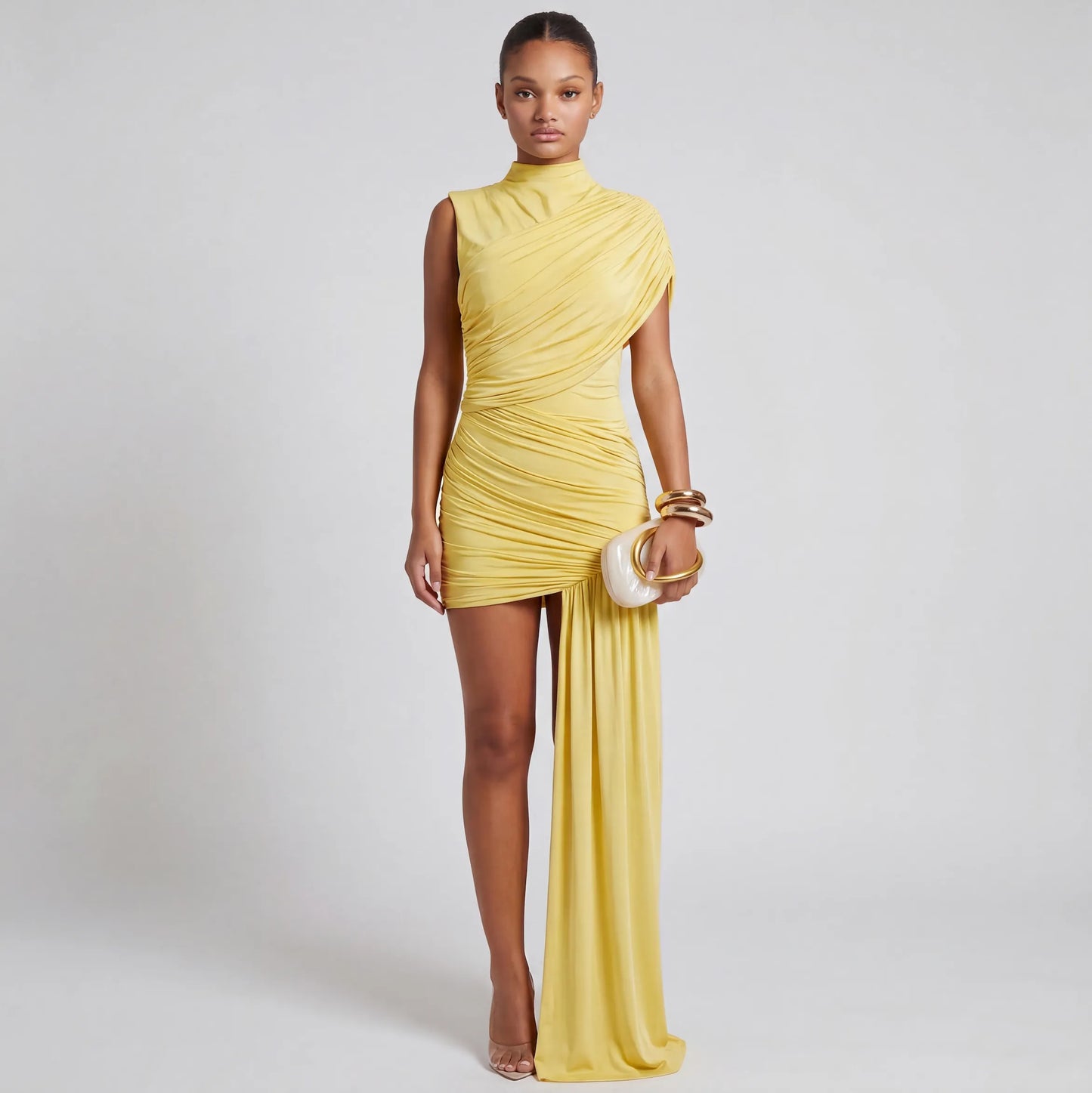 Women's Elegant High Neck Mini Cocktail Dress with Ruched Detail