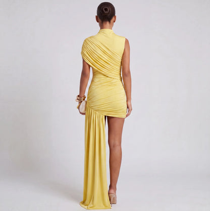 Women's Elegant High Neck Mini Cocktail Dress with Ruched Detail