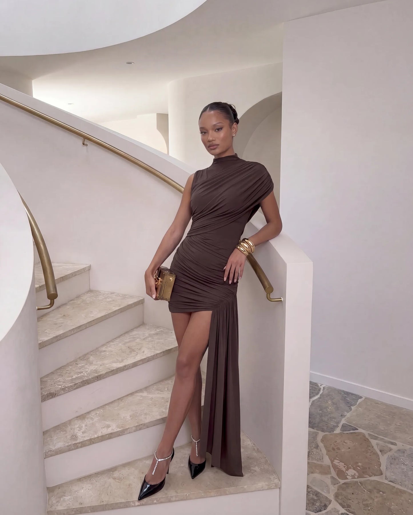 Women's Elegant High Neck Mini Cocktail Dress with Ruched Detail