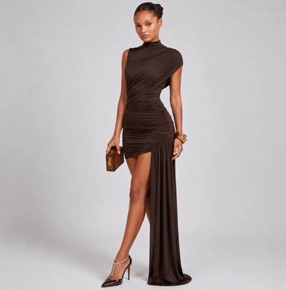 Women's Elegant High Neck Mini Cocktail Dress with Ruched Detail
