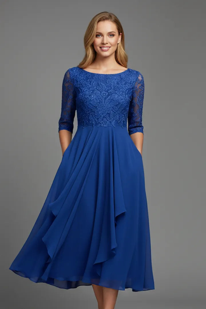 Women's Elegant Lace Midi Wedding Guest Dress with Half Sleeve