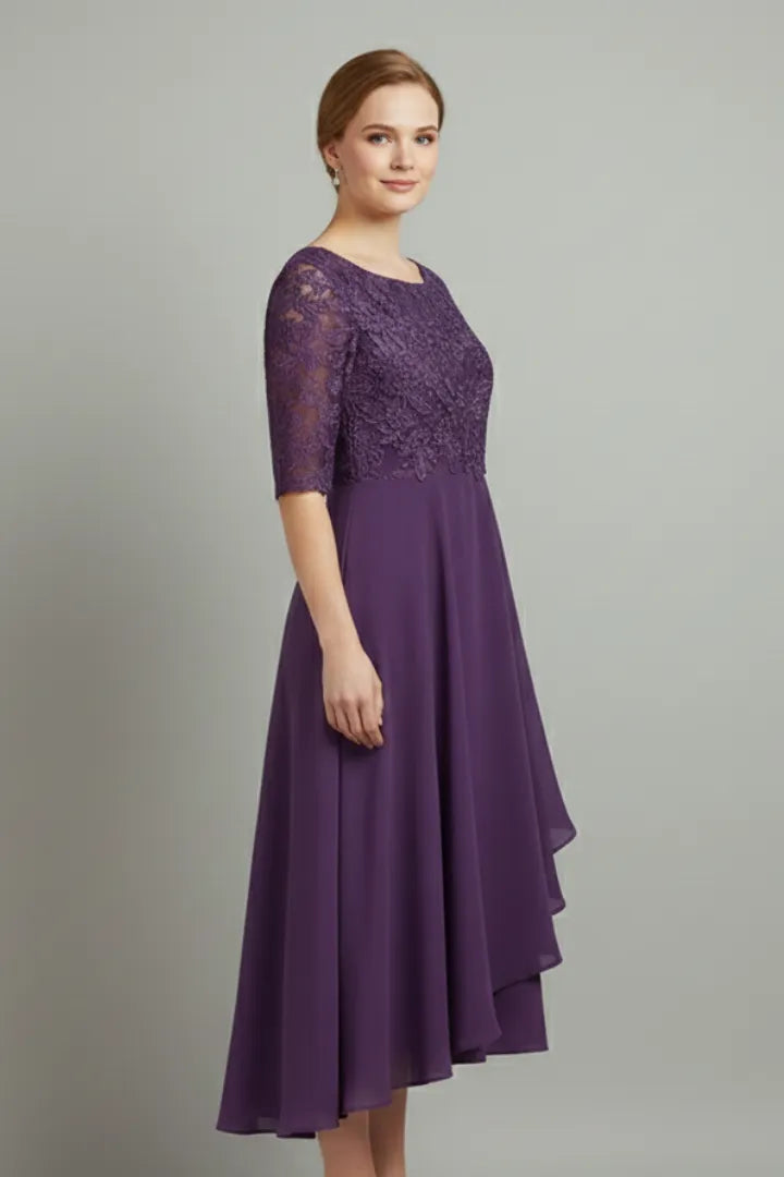 Women's Elegant Lace Midi Wedding Guest Dress with Half Sleeve