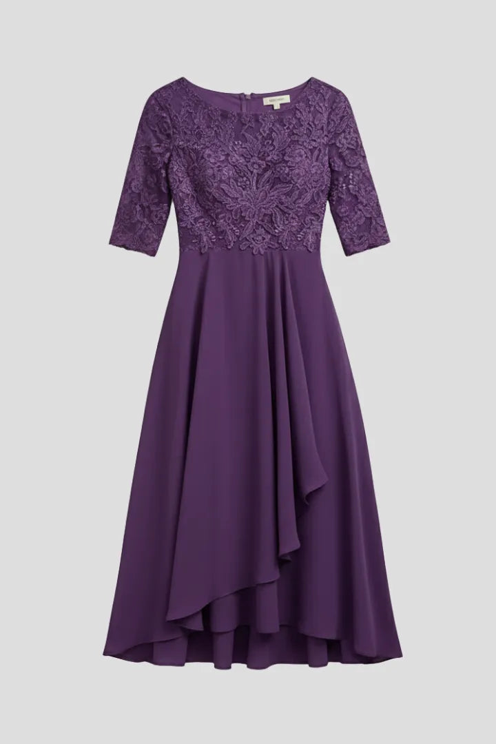 Women's Elegant Lace Midi Wedding Guest Dress with Half Sleeve