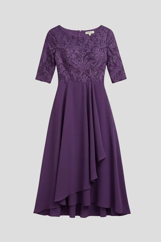 Women's Elegant Lace Midi Wedding Guest Dress with Half Sleeve