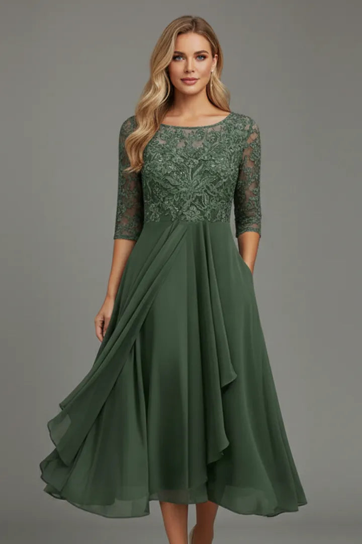 Women's Elegant Lace Midi Wedding Guest Dress with Half Sleeve